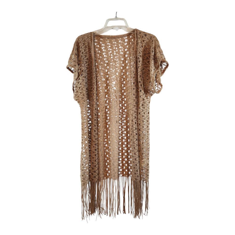 Do Everything in Love Cardigan Women One Size Tan Excellent Boho Fringe Crochet